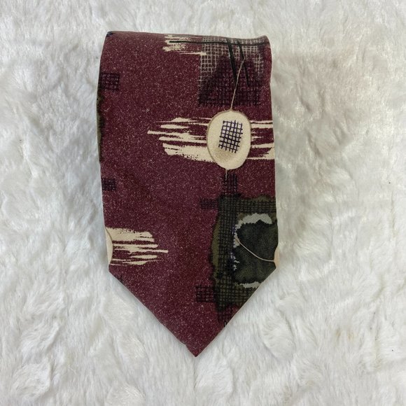 Robert Stock Mens Neck Tie Silk Maroon Tan Abstract USA Sandwashed Soft - Picture 2 of 5